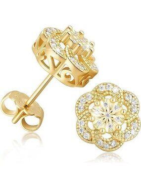 14K Gold Flower Stud Earrings for Women, CZ Gemstone, 8/10mm Sparkling Jewelry